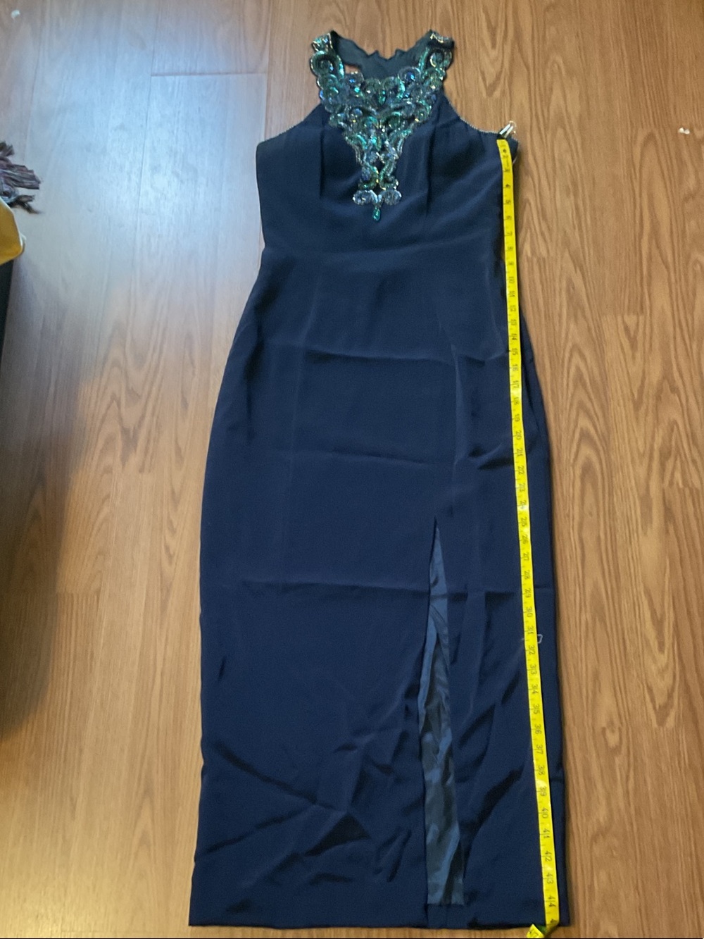 Fleur de Lis Collection Navy Maxi Dress with Beaded Yoke
